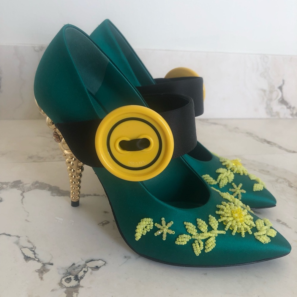 Prada Green Bead-embellished Satin Pump